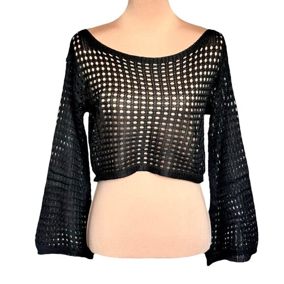 New Black Cropped Crochet Knit Mesh Sweater Top Sz.M Bell Sleeve Grunge Goth Y2K - Picture 3 of 7